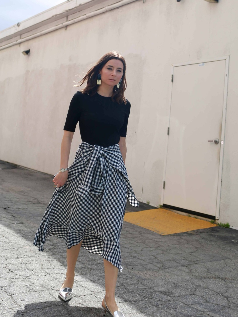 Maje Black with Navy-and-White Gingham Shirt Tie Midi Dress